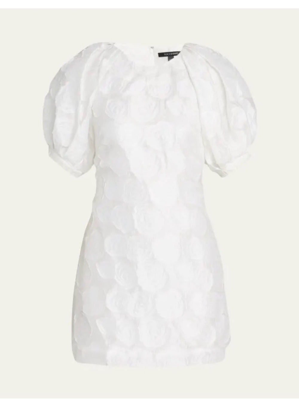 White Puff-Sleeve Floral Appliqué Mini Dress